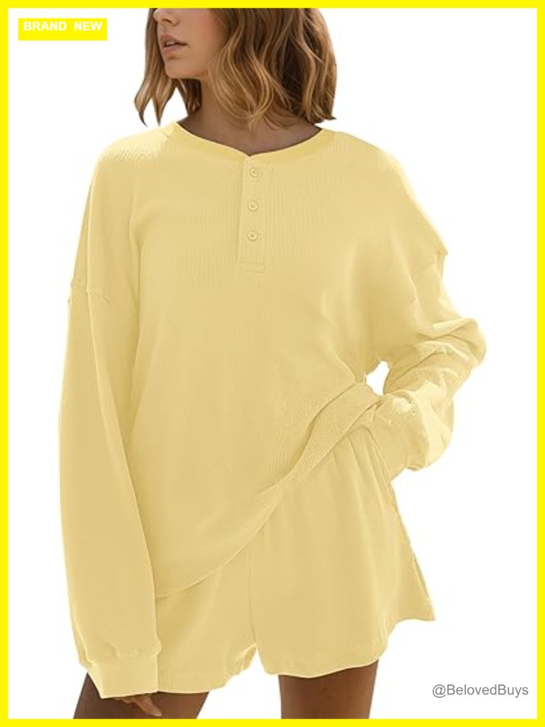 Waffle Knit Lounge Set Long Sleeve Oversized Sweatshirt Elastic Waist Shorts 2